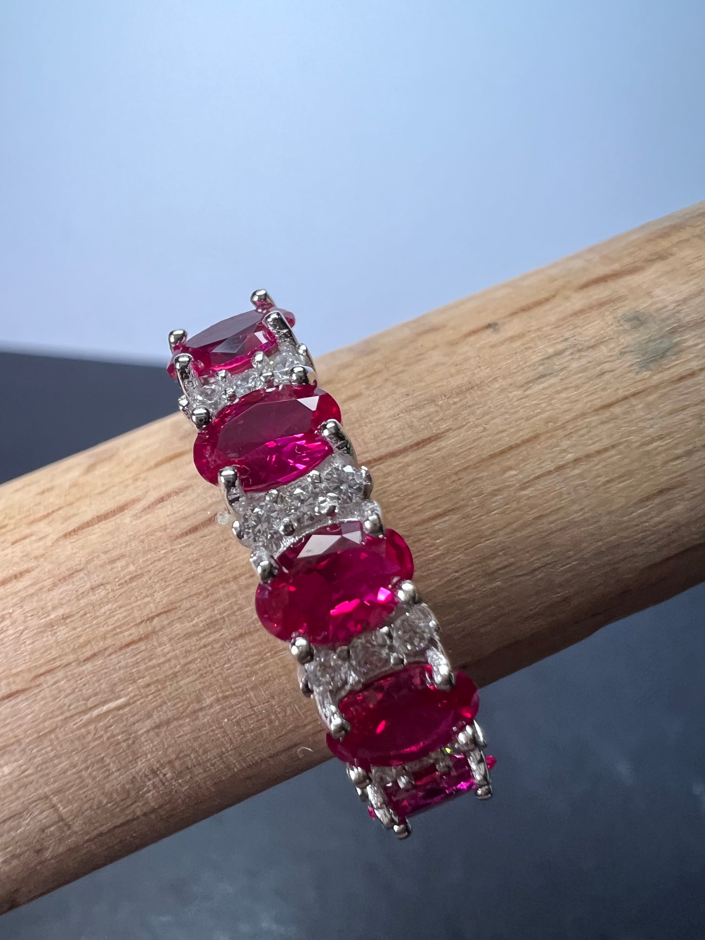 Lab ruby & White Cubic Zirconia Rhodium Over Silver Ring size 10