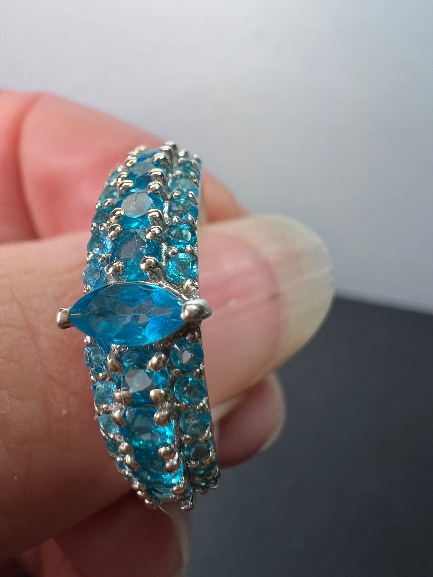 Neon blue apatite sterling silver ring size 9