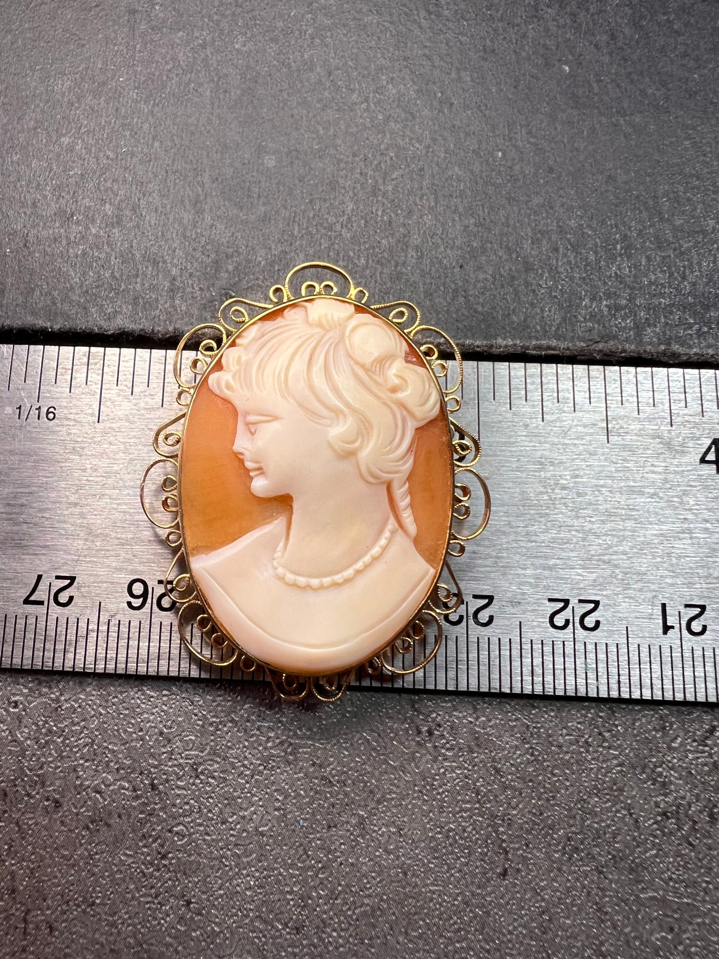Vintage 1960s Hand Carved Shell Cameo Brooch Pendant – 12K Gold Filled Filigree Frame – 2” x 1.5”