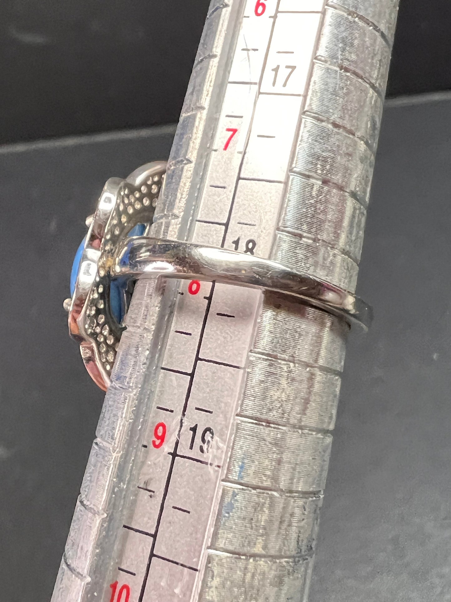 NEW Ceruleite and zircon blossom ring in rhodium over sterling silver size 8