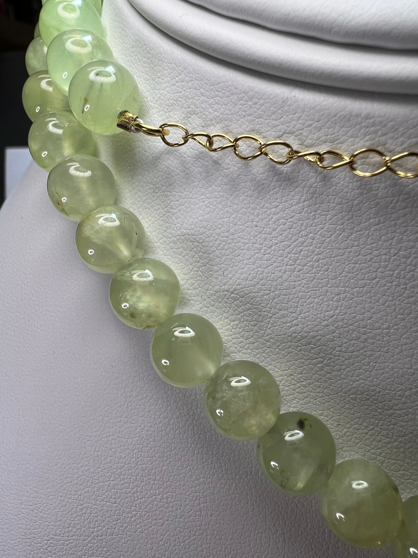 Prehnite beaded 24 inch necklace with removable tassel pendant and gold over sterling silver lobster clasp and extender