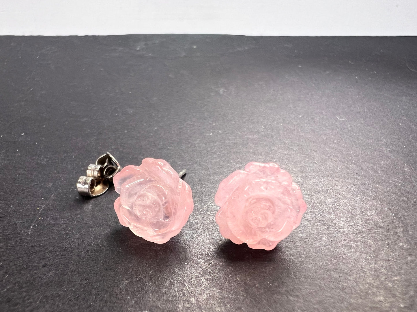 Rose quartz carved roses stud earrings with sterling silver posts