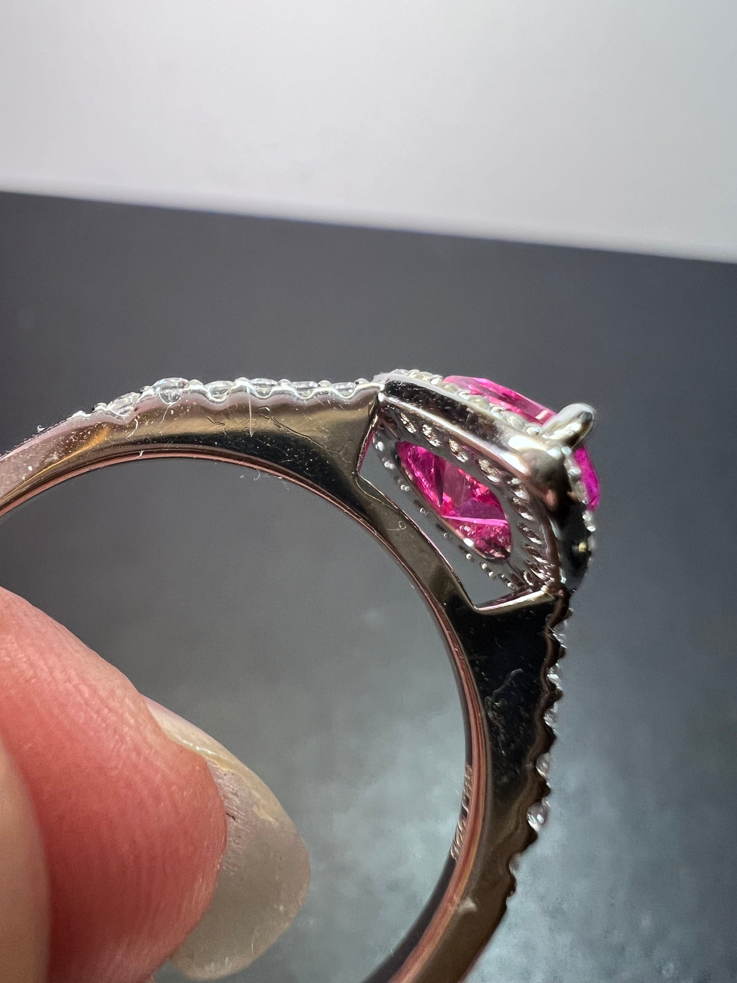 Barbie style lab pink sapphire sterling silver halo ring size 9