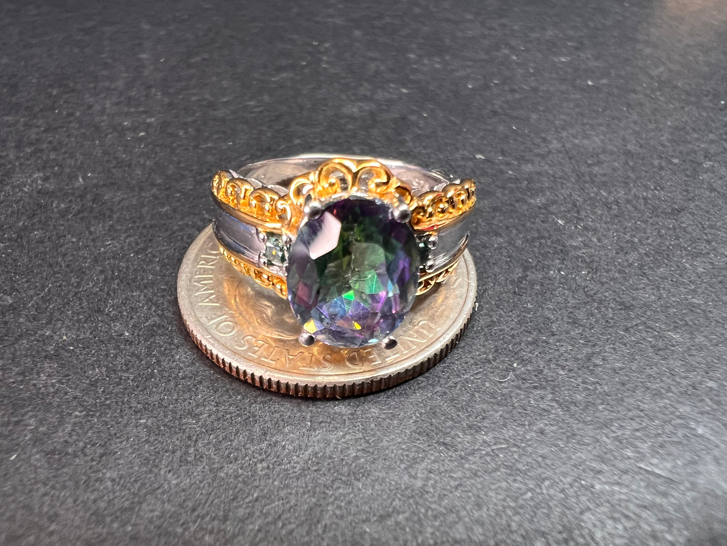 NEW green mystic topaz two toned sterling silver ring size 8