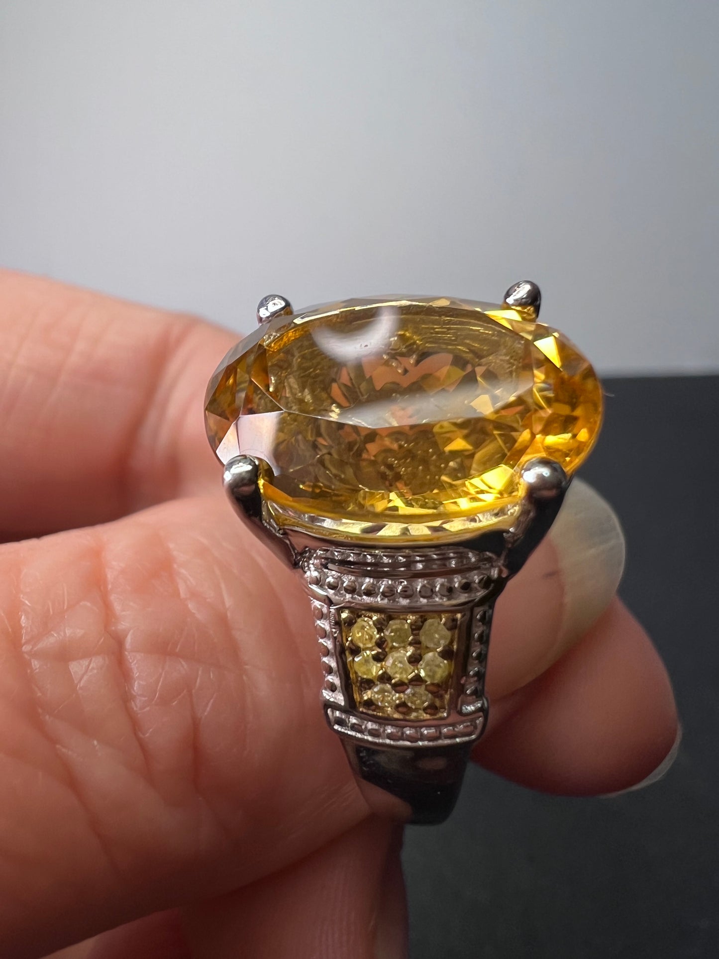 Citrine and yellow diamond ring in sterling silver size 10. 7.55 ctw