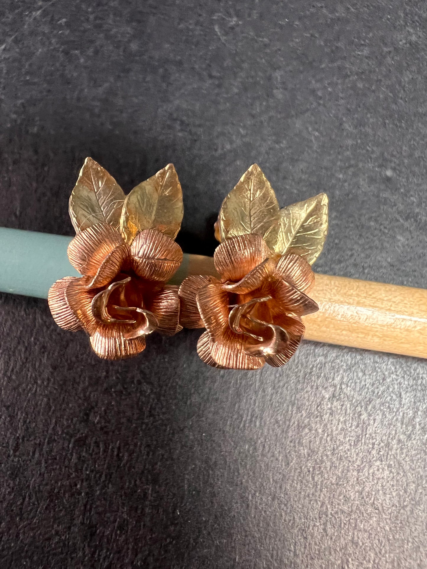 Vintage Krementz Rose and yellow gold tone Flower Leaf Screw Back Earrings