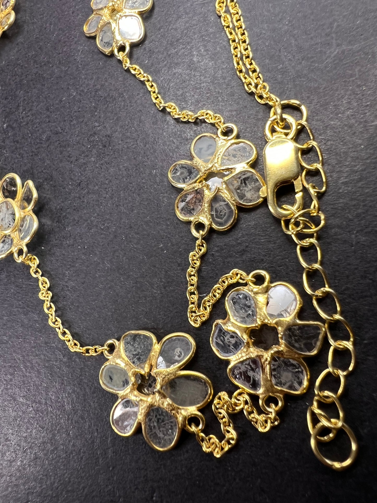 Polki diamond flowers station necklace in vermeil yellow gold over sterling silver