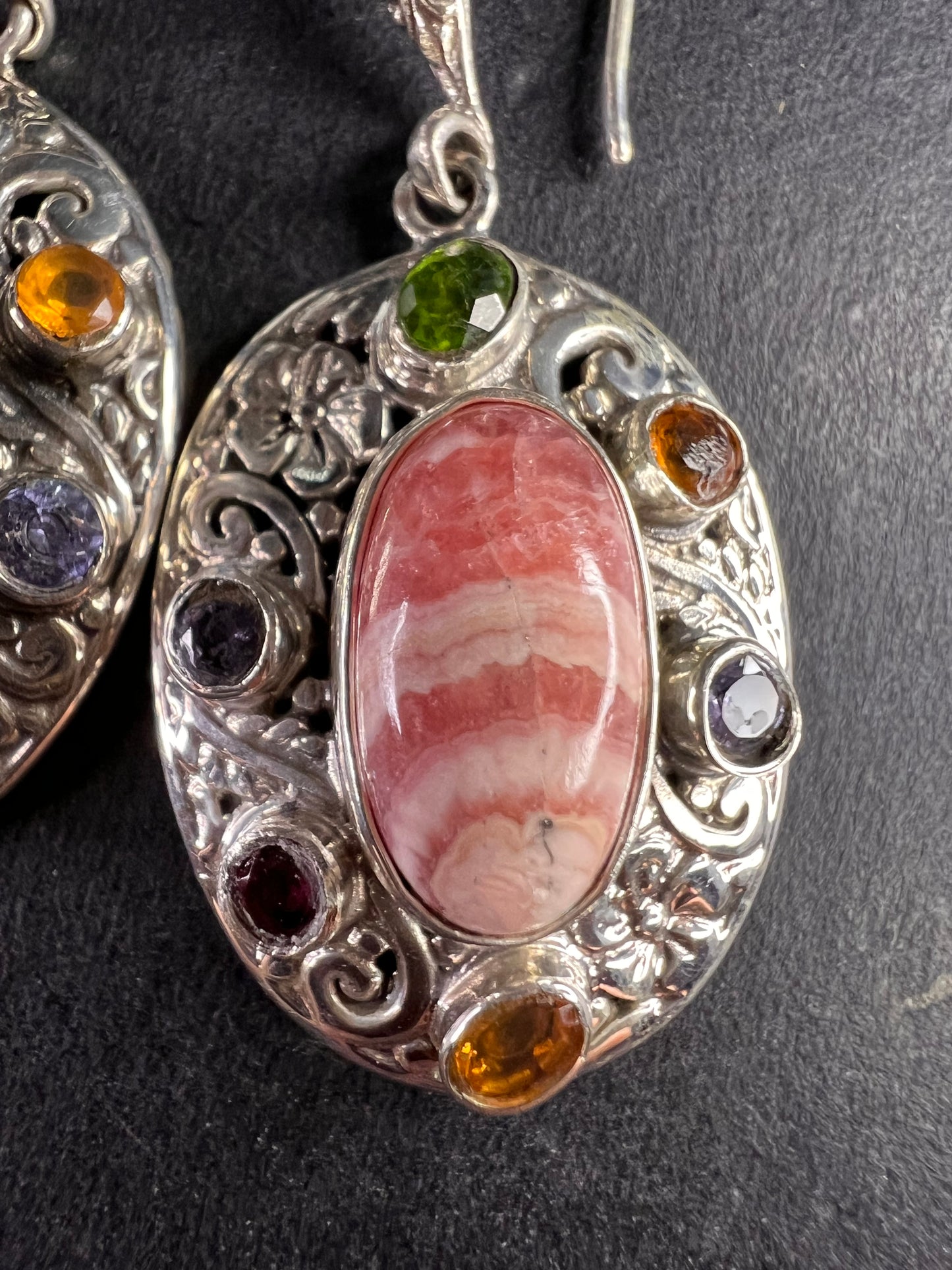 NEW Bali rhodochrosite multi gem sterling silver earrings