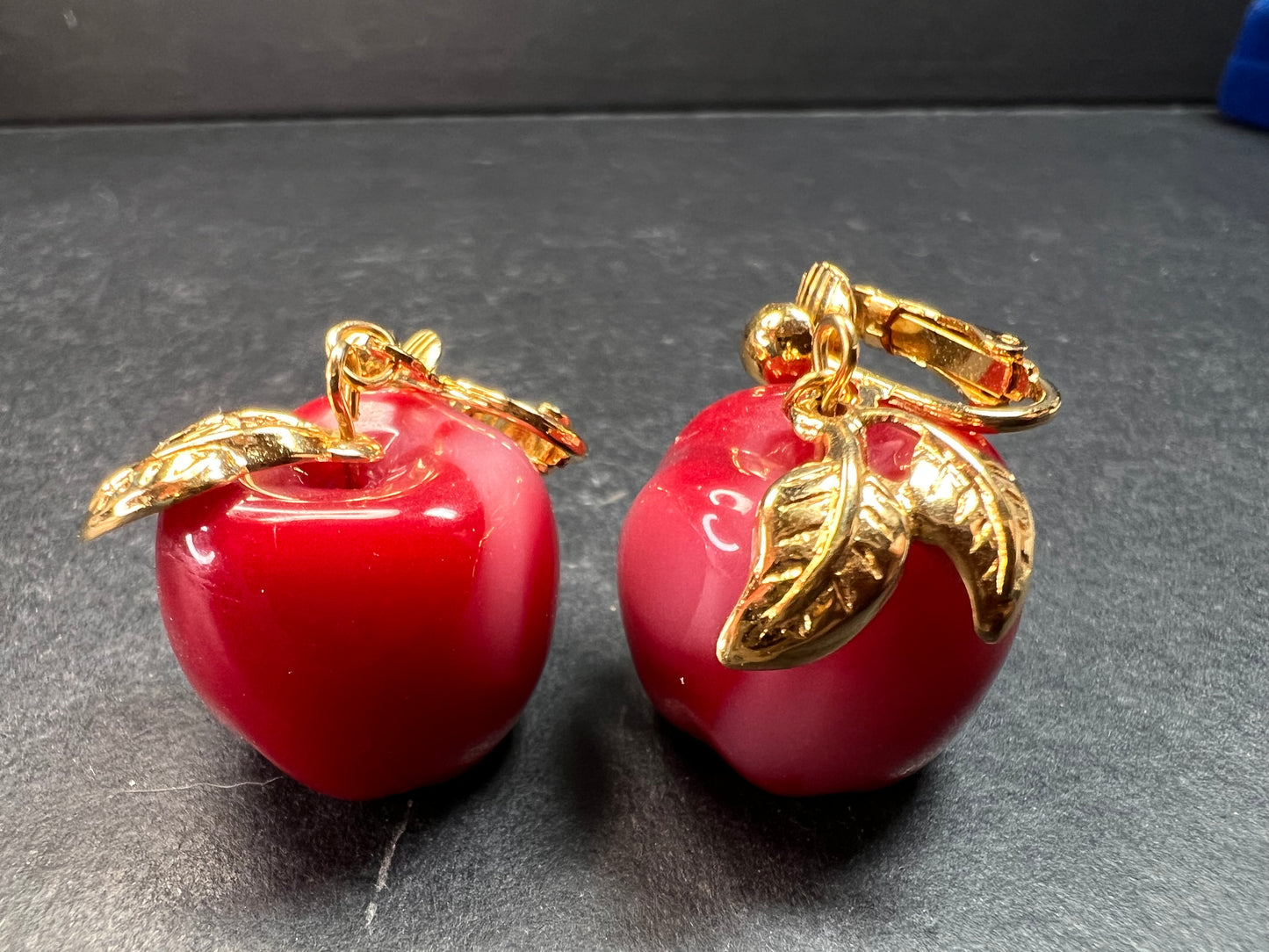 Avon "Apple A Day" Vintage Clip Earrings | Red Lucite Dangle Costume Jewelry