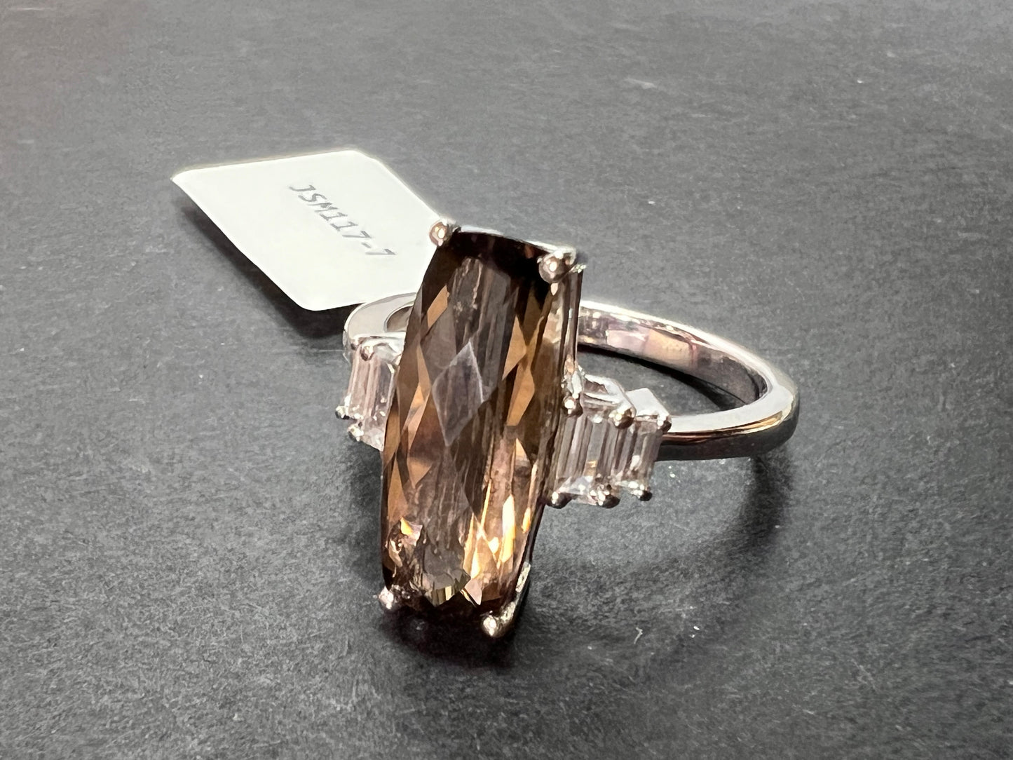 Brown Smoky Quartz With White Zircon Rhodium Over Sterling Silver Ring 3.33ctw size 7 *NEW*