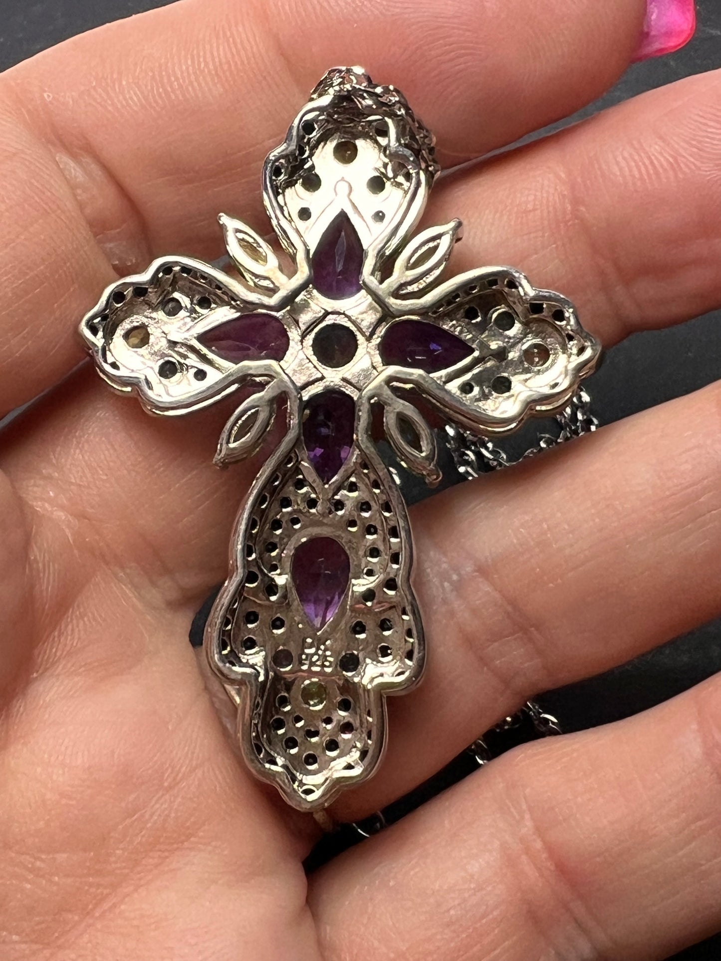 Multi-Gem Rhodium Over Sterling Silver Cross Pendant With Chain 10.95ctw