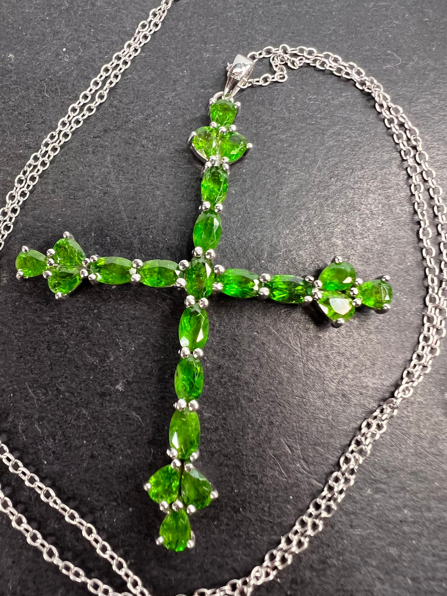 Chrome diopside cross pendant and chain in sterling silver