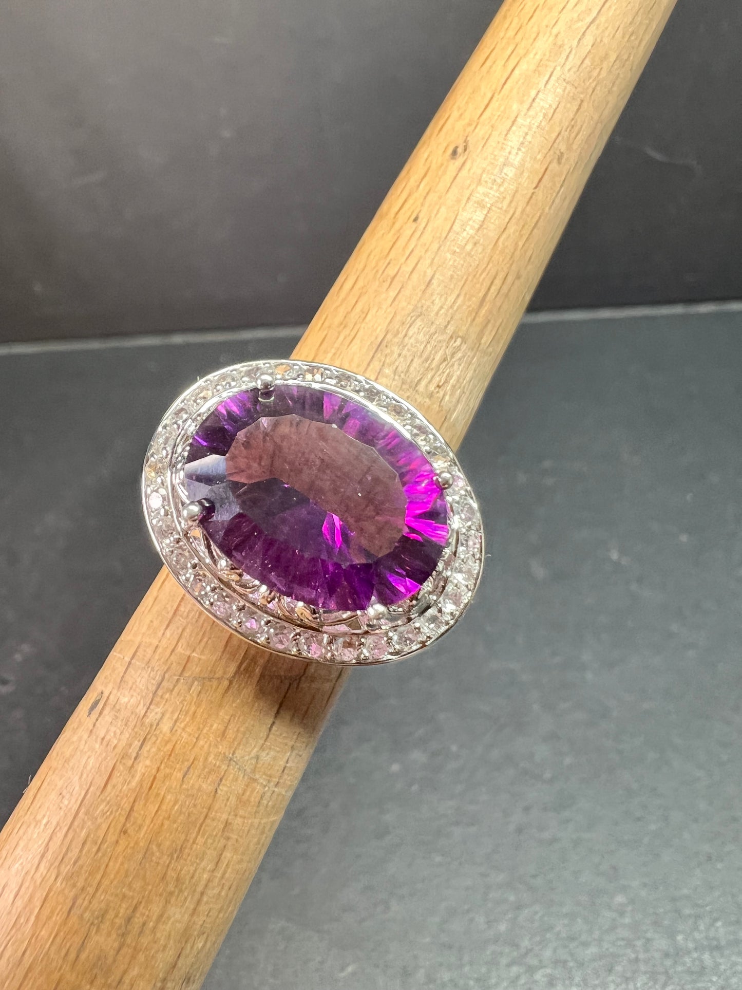 Sterling Silver Purple Fluorite & White Topaz Halo Ring Size 6