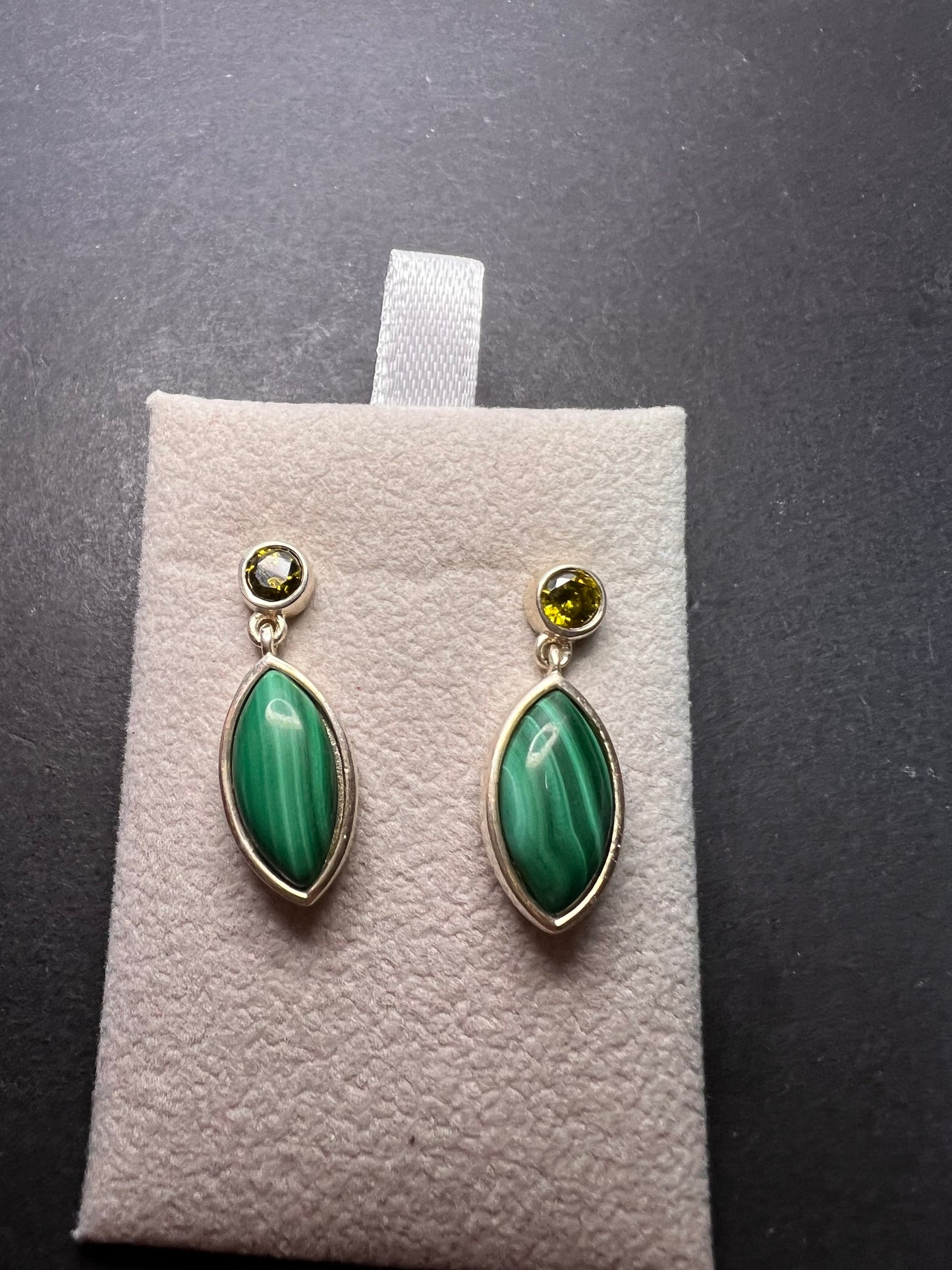 Malachite and olive CZ sterling silver marquise drop earrings