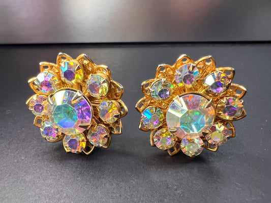 Vintage AB Rhinestone Floral Clip-On Earrings | Mid-Century Costume