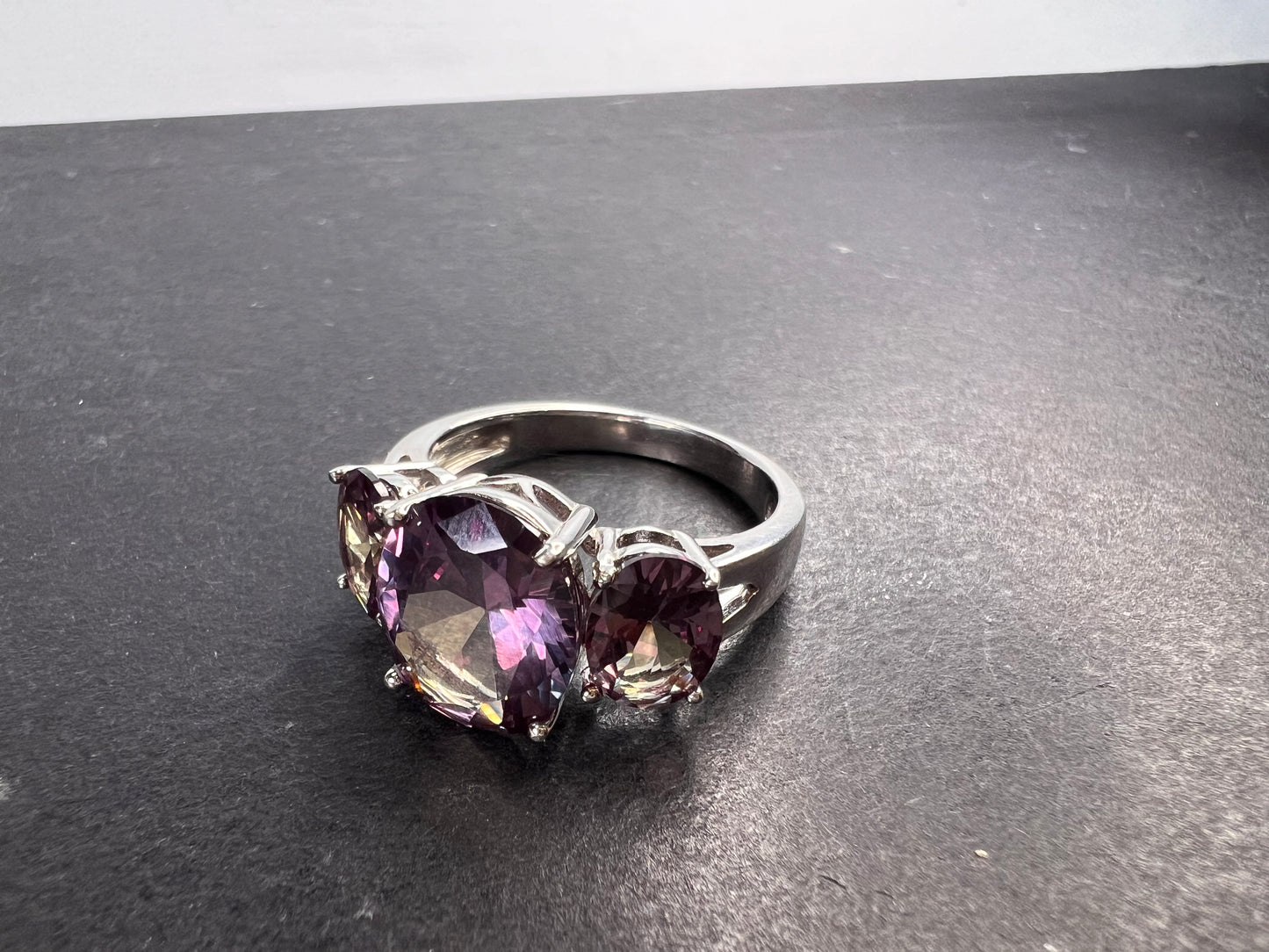 Lab created alexandrite trilogy ring in rhodium over sterling silver size 9