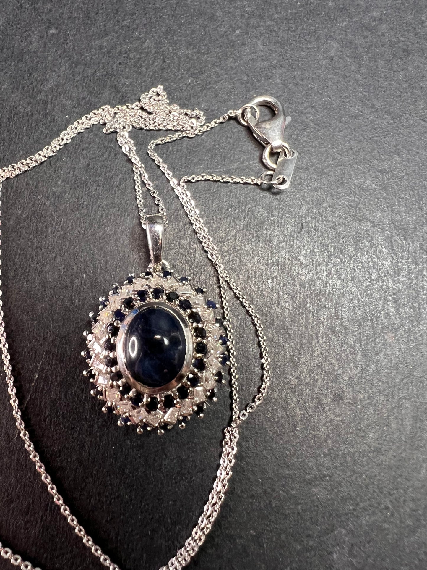NEW Blue star sapphire and moissanite sterling silver halo pendant necklace