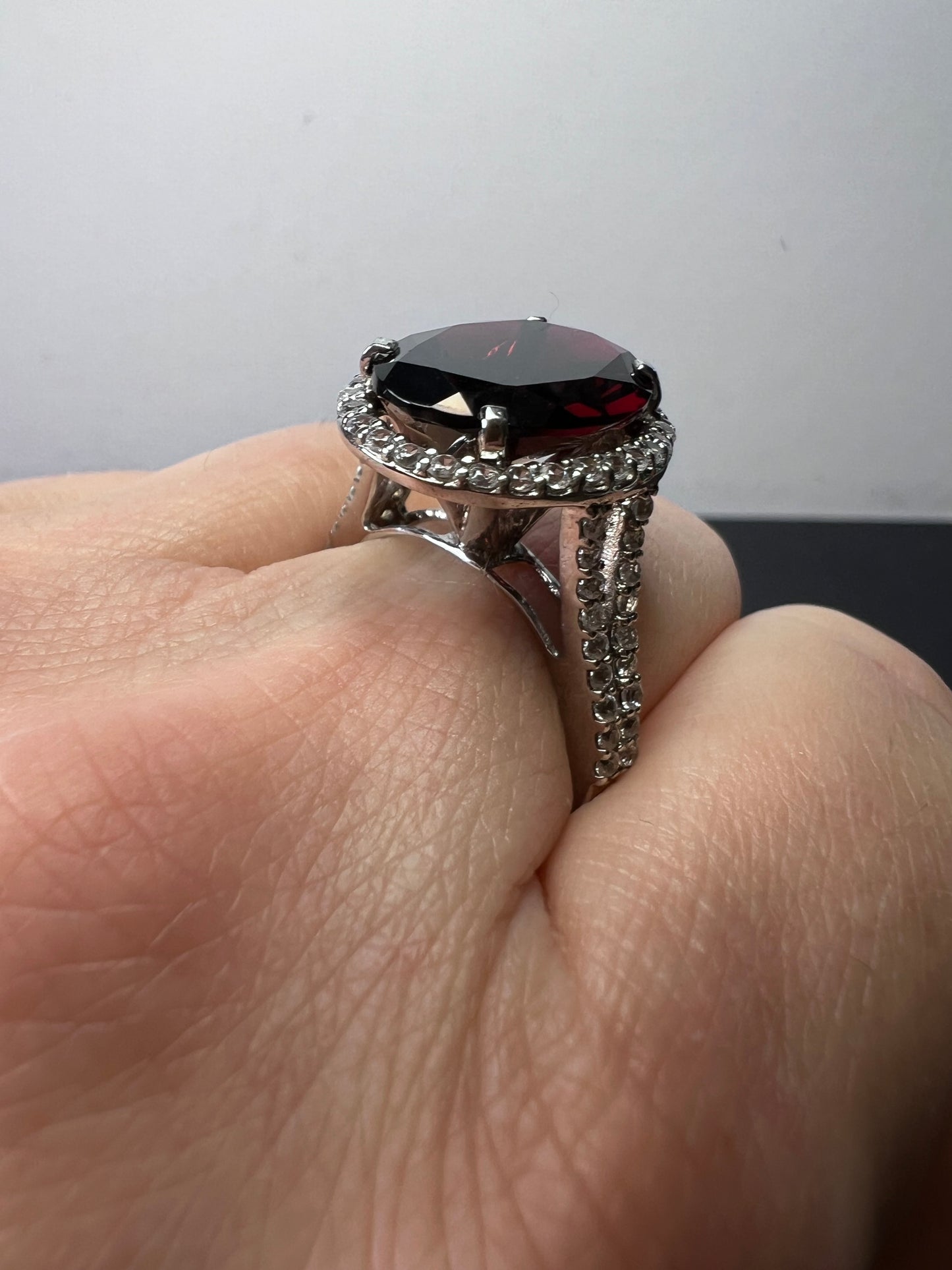 Garnet and zircon sterling silver halo ring size 9