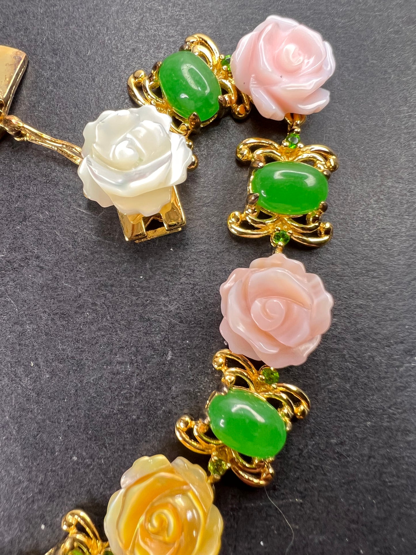 Mother of pearl roses , jade and chrome diopside bracelet in gold over sterling silver 7.5 inches