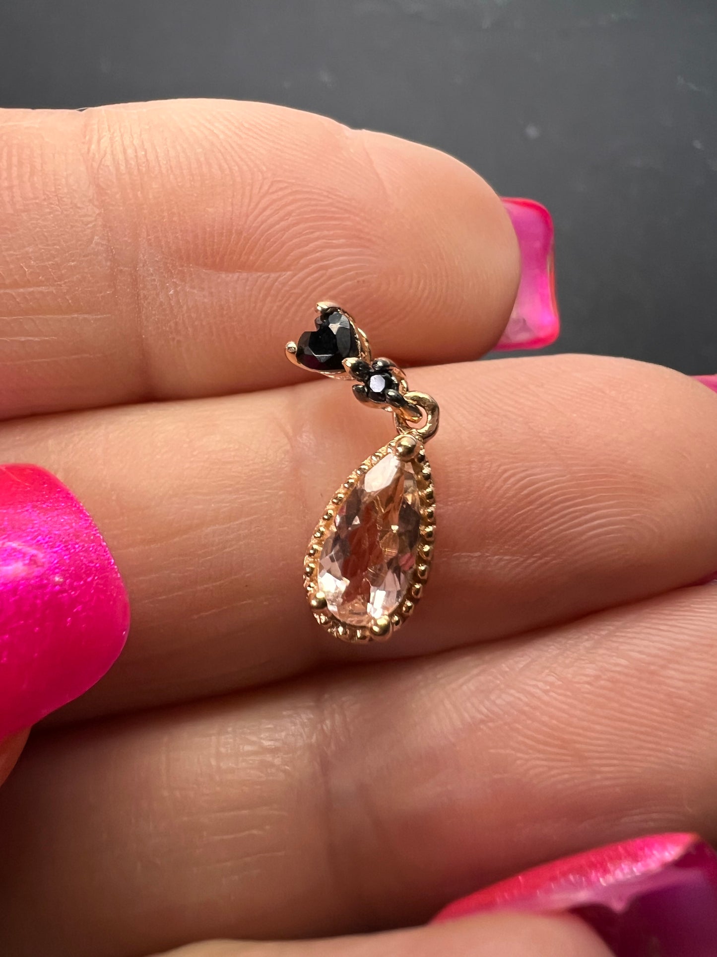 Peach morganite and black spinel heart rose gold over sterling silver earrings