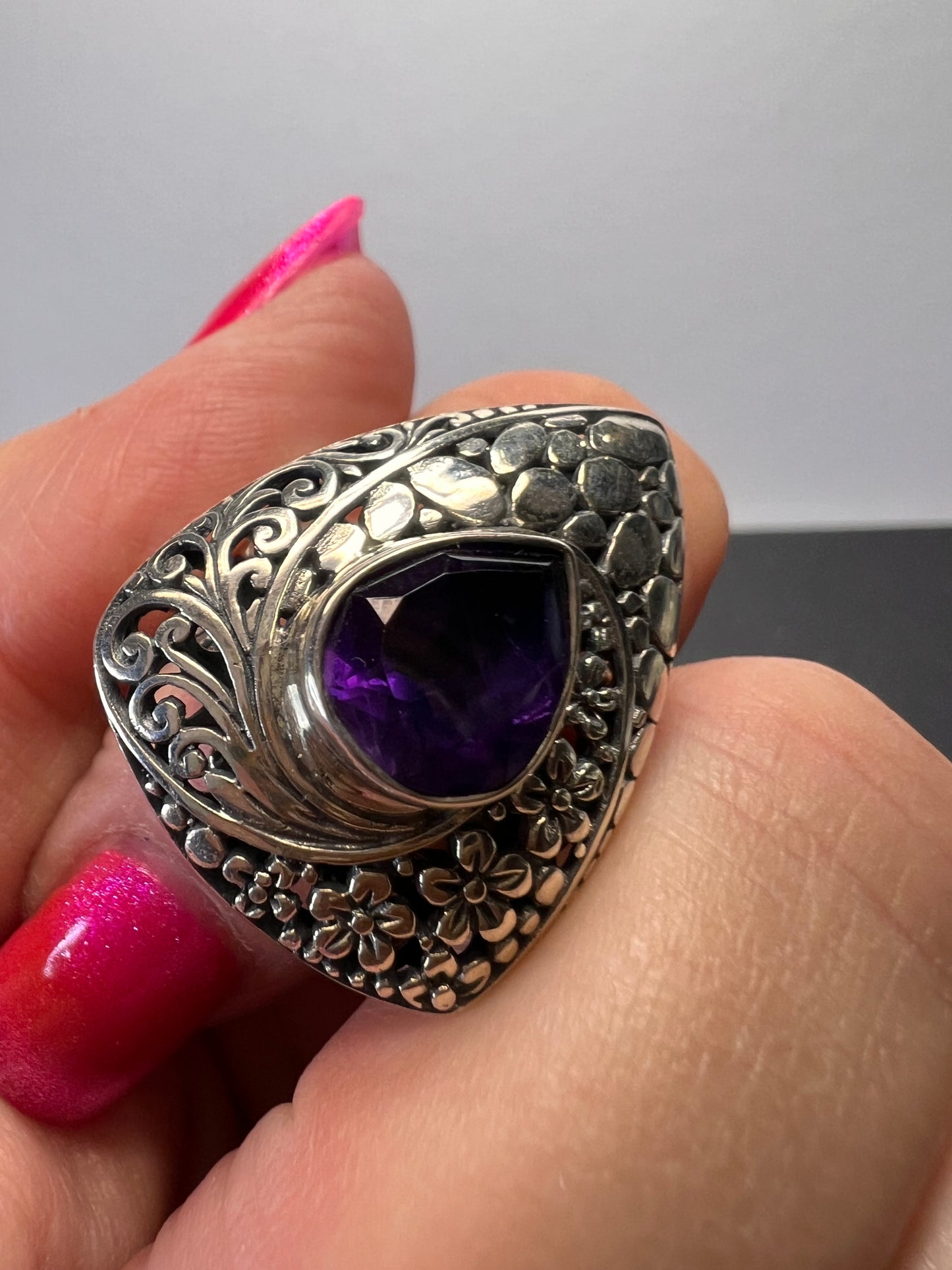 African amethyst planchette teardrop style sterling silver floral ring size 9