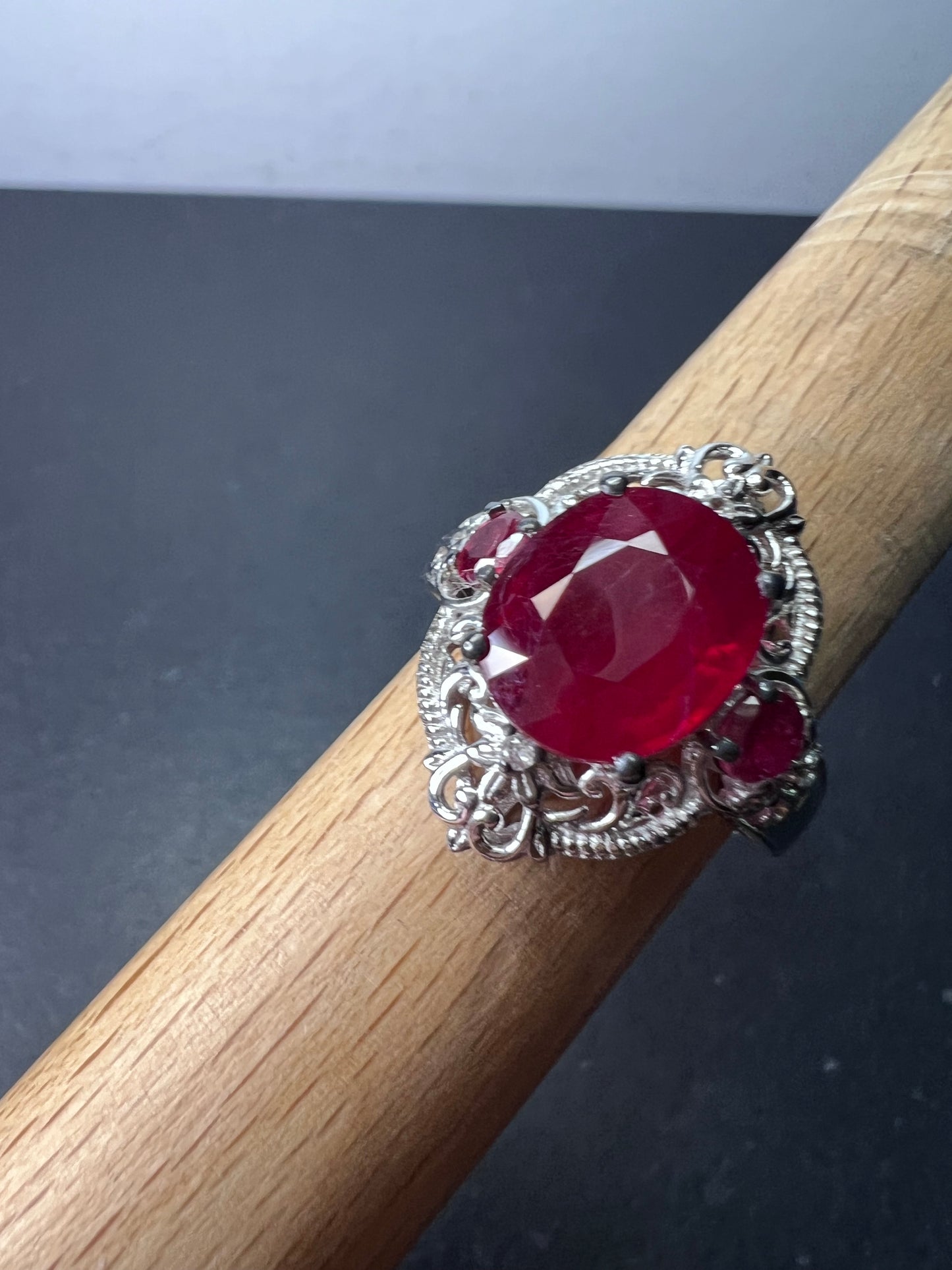 Ruby and white topaz sterling silver cocktail ring size 9