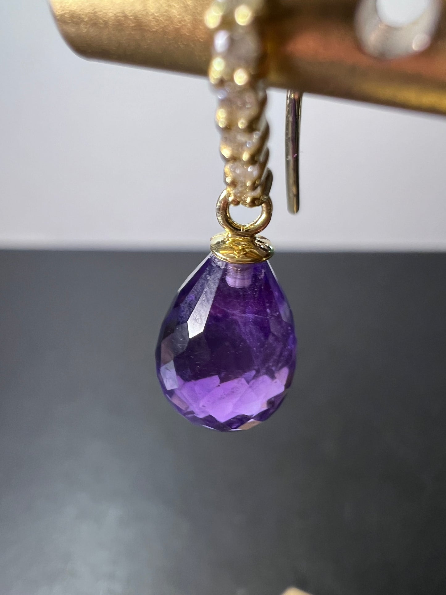 14k gold amethyst briolette and diamond dangle earrings