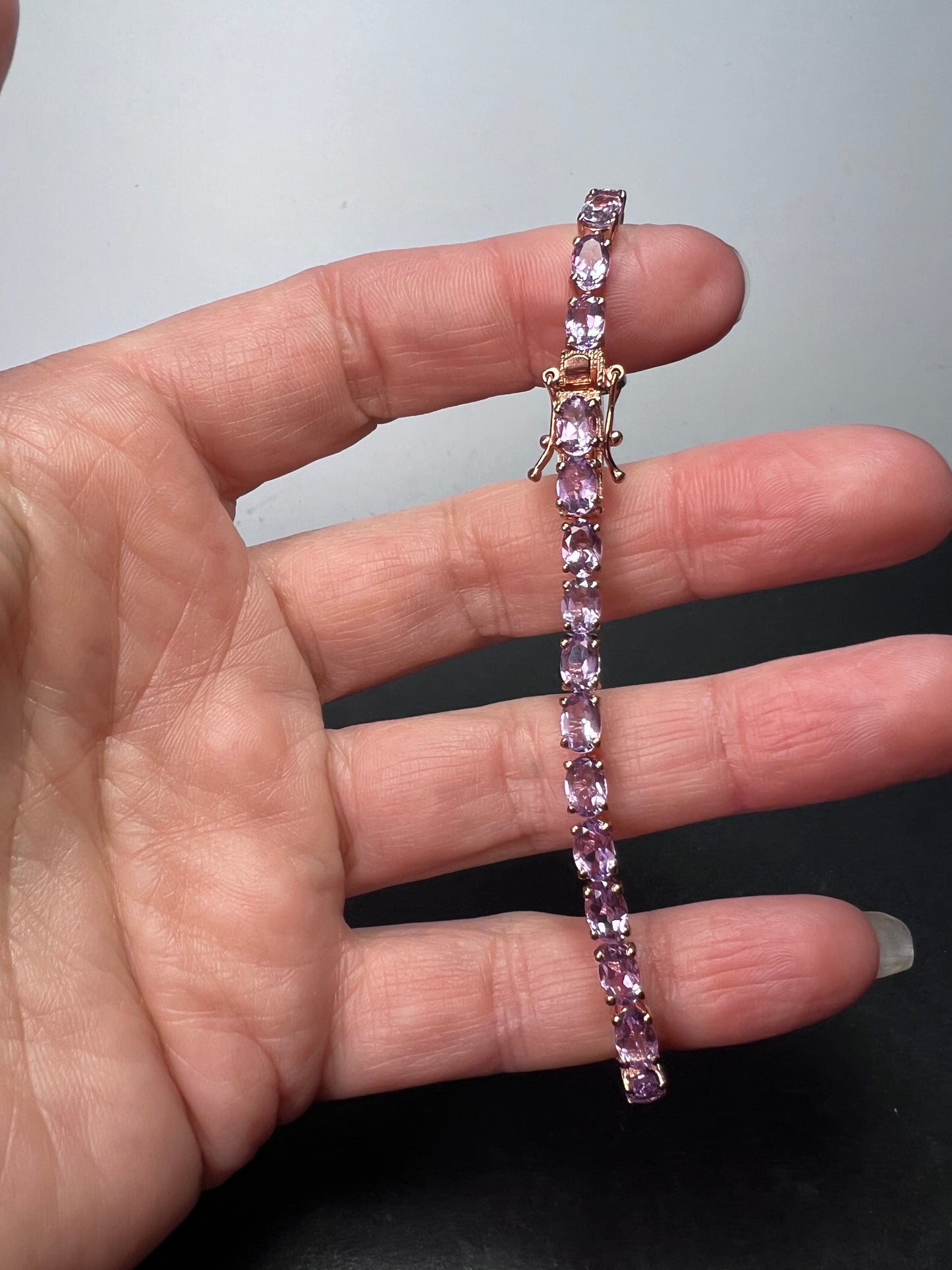 Rose de France amethyst tennis bracelet in 18k rose gold over sterling