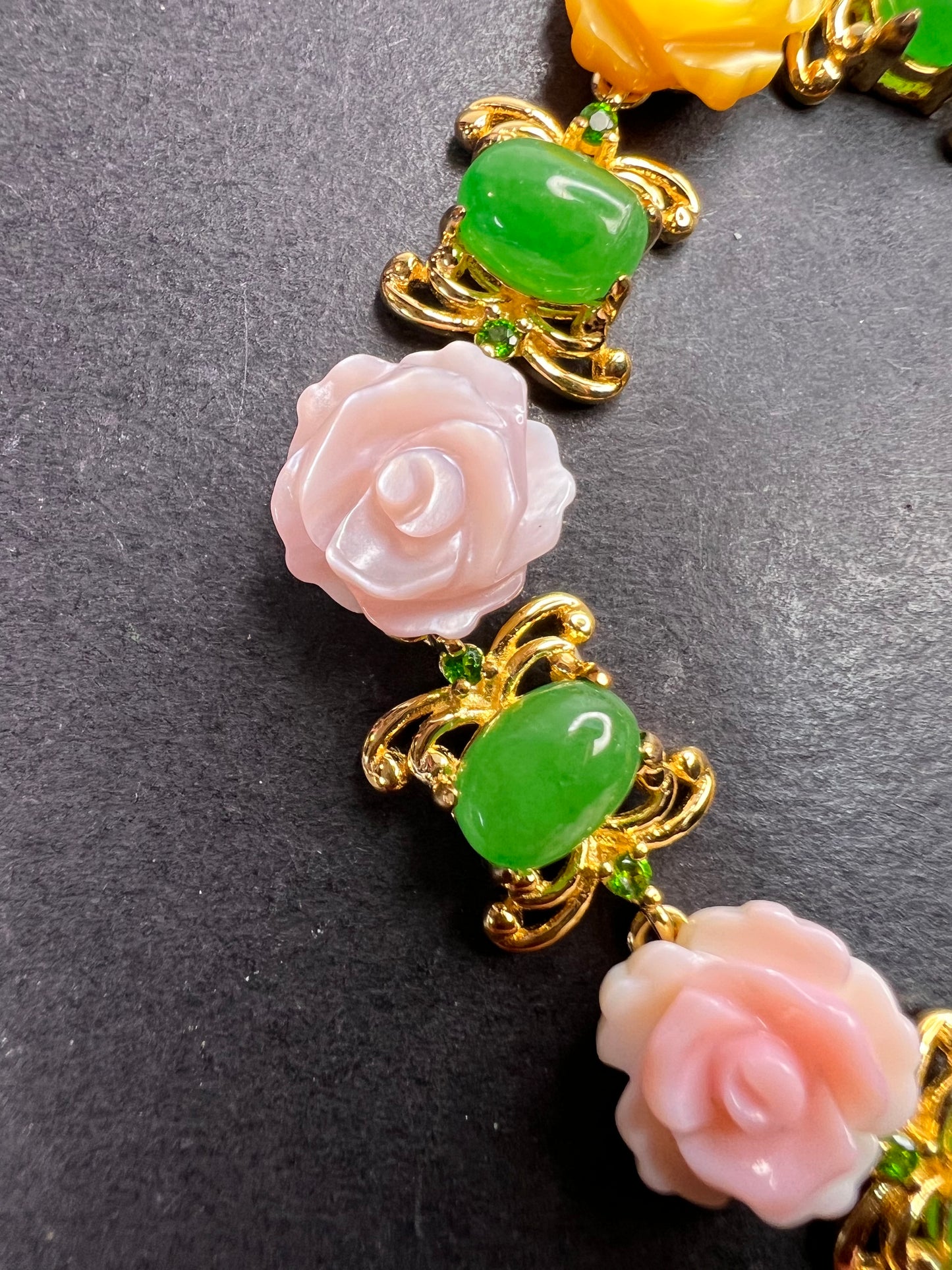 Mother of pearl roses , jade and chrome diopside bracelet in gold over sterling silver 7.5 inches