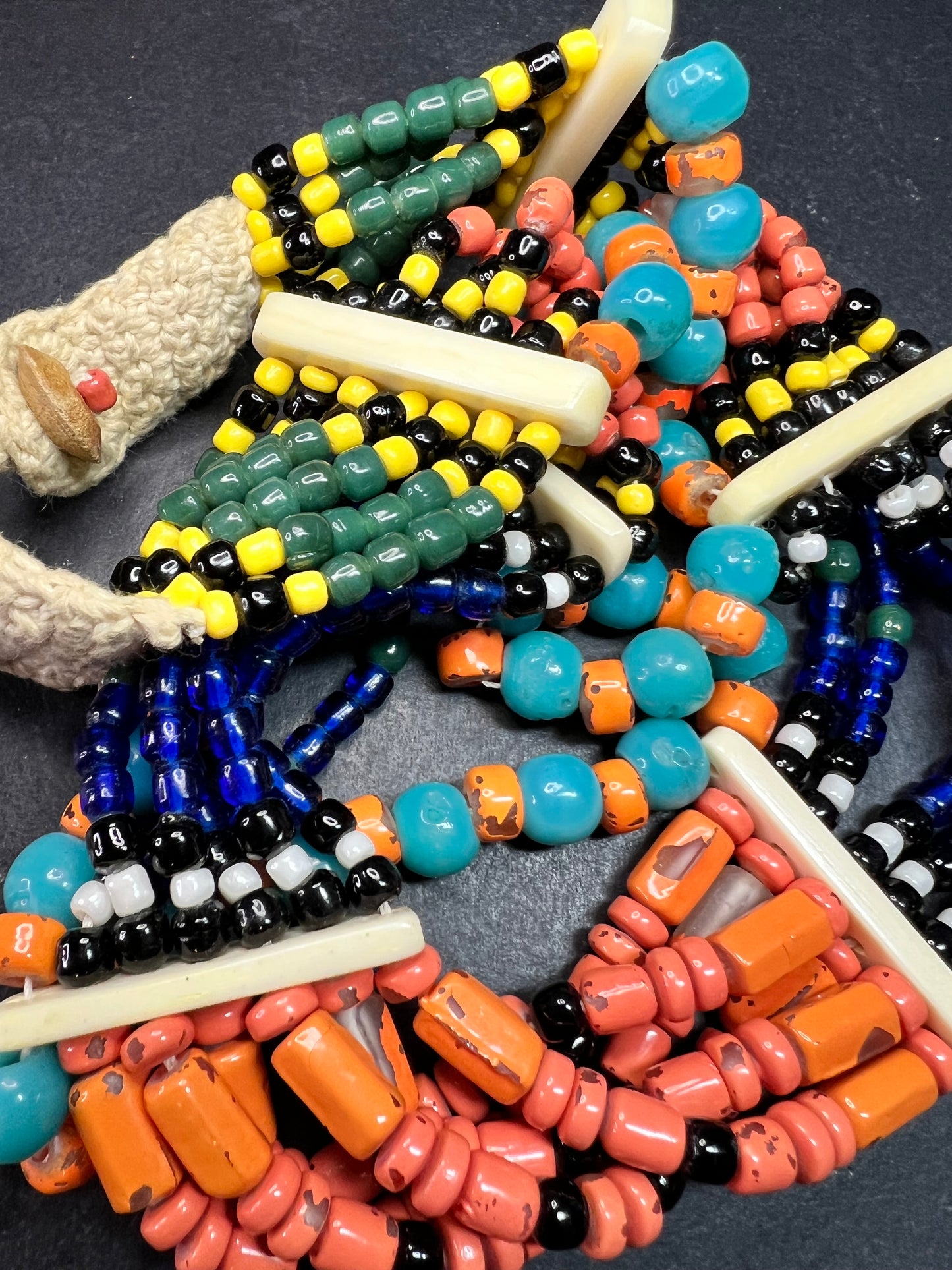 Vintage West African Influenced Multistrand Trade Bead Necklace Fiber Tie