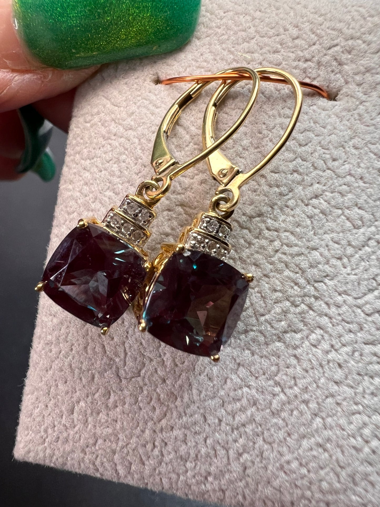 10k gold Lab alexandrite and diamond lever back earrings