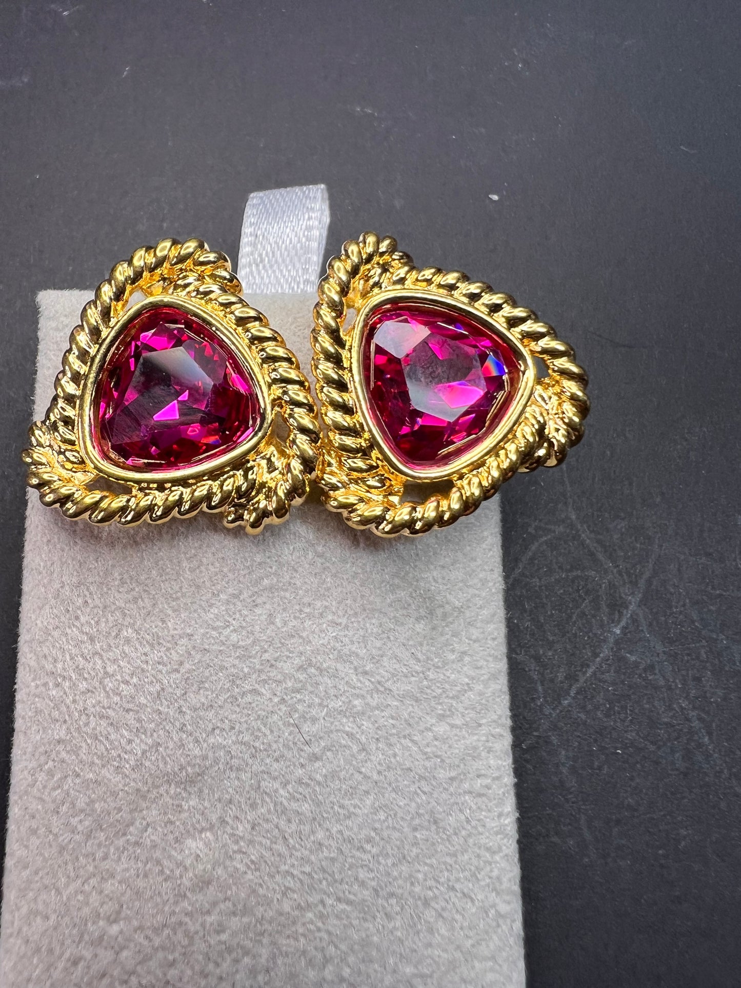 Vintage Swarovski Magenta Crystal Gold Tone Rope Post Earrings