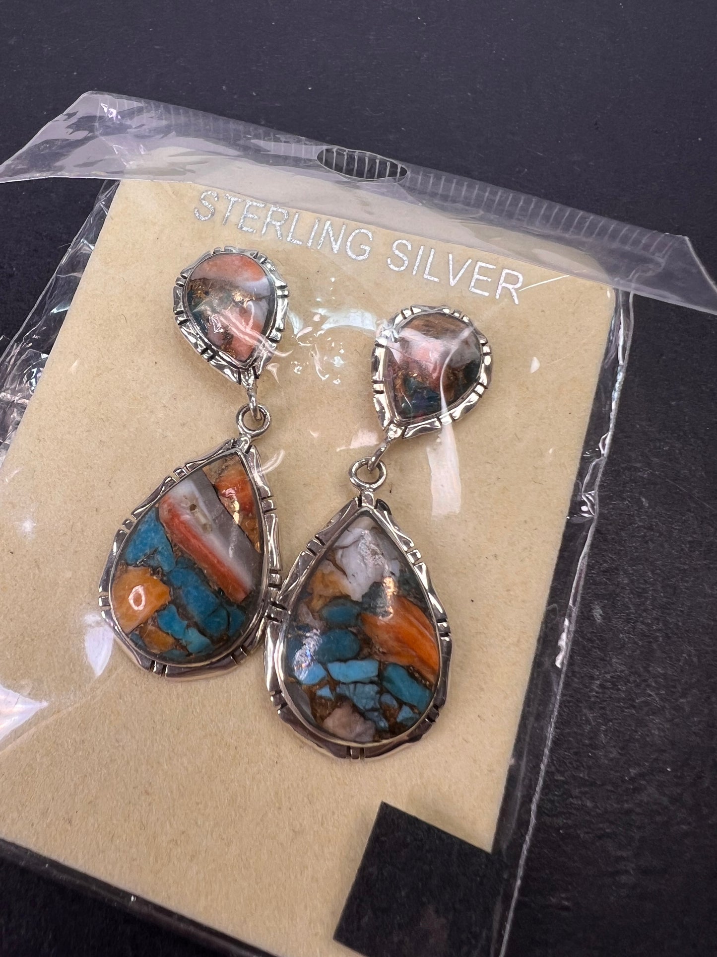 Southwest style blended turquoise and spiny oyster sterling silver teardrop earrings *NEW*