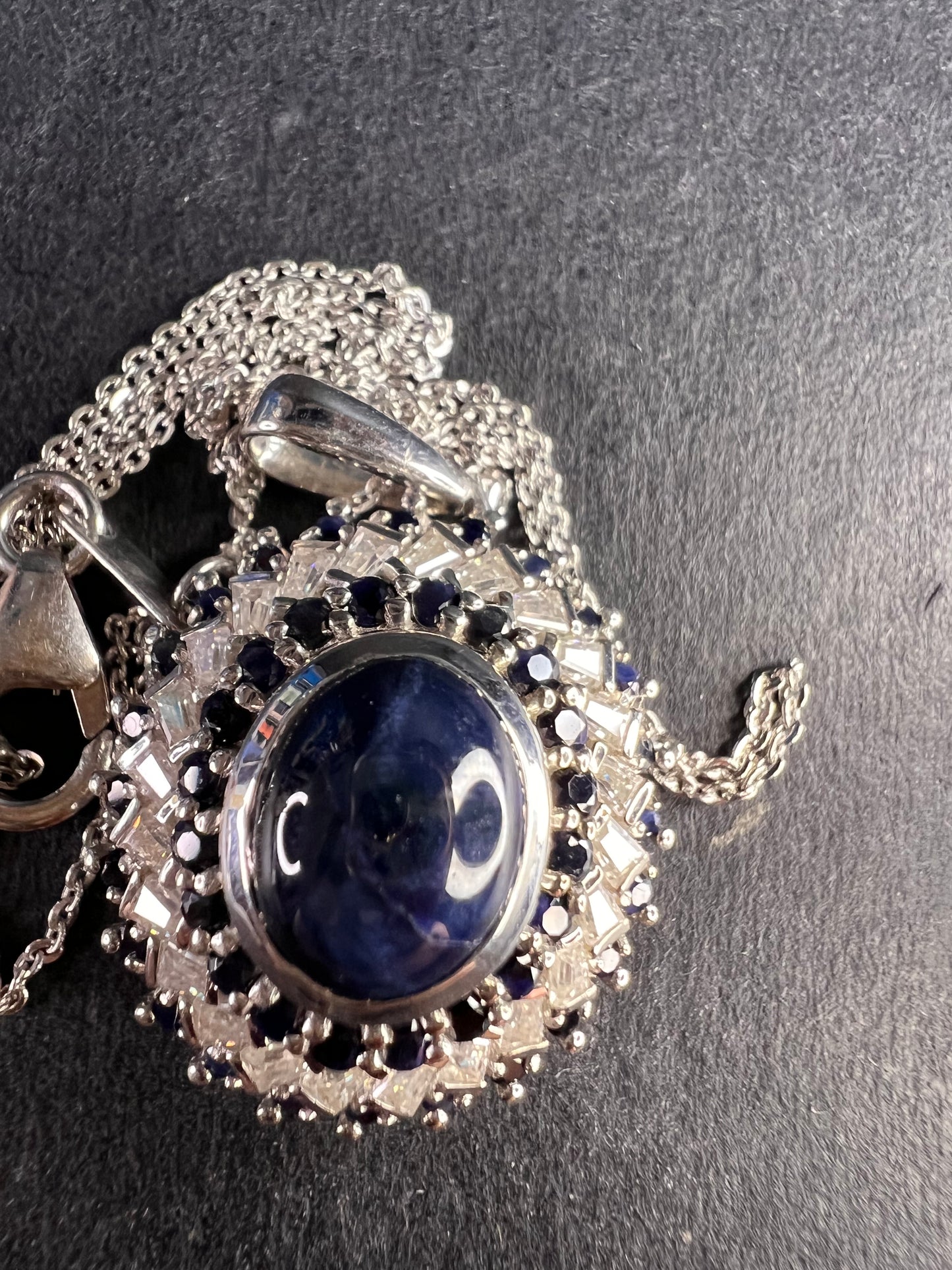 NEW Blue star sapphire and moissanite sterling silver halo pendant necklace