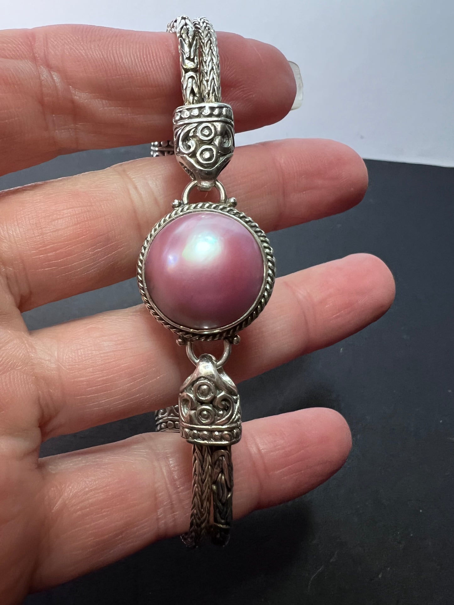 Bali sterling silver pink mabe pearl toggle clasp bracelet