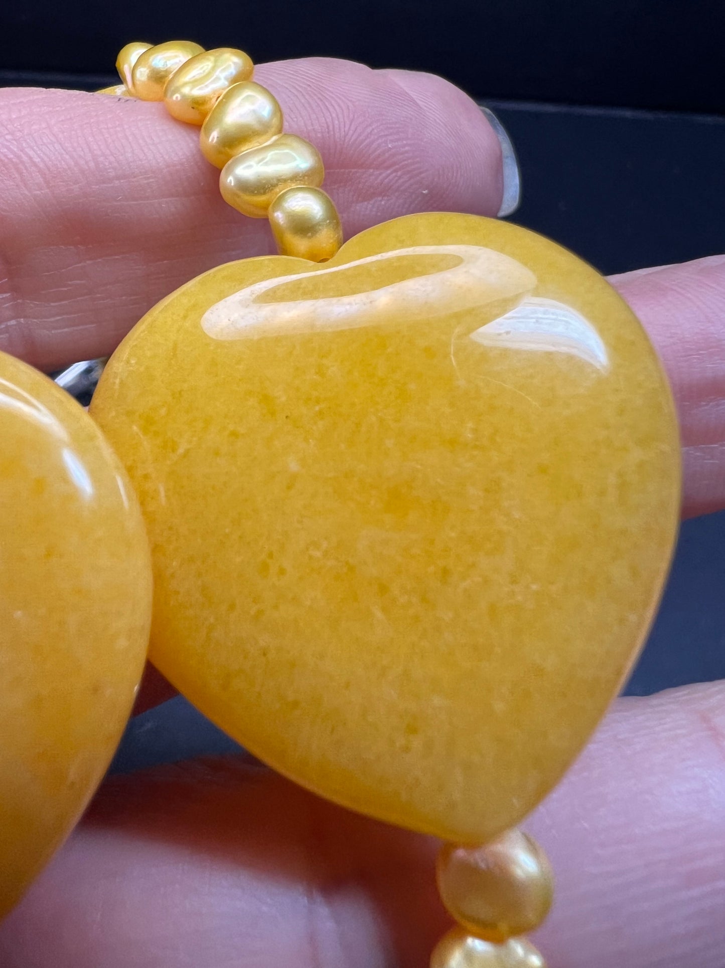 NEW yellow quartzite hearts and pearl station necklace with sterling silver clasp