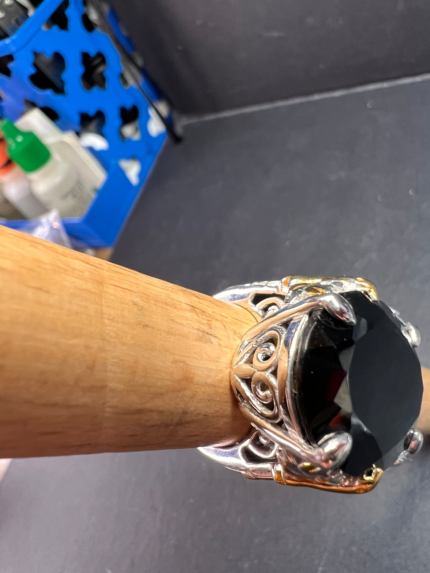 NEW Black spinel Phoenix ring in rhodium and gold vermeil over sterling silver size 7