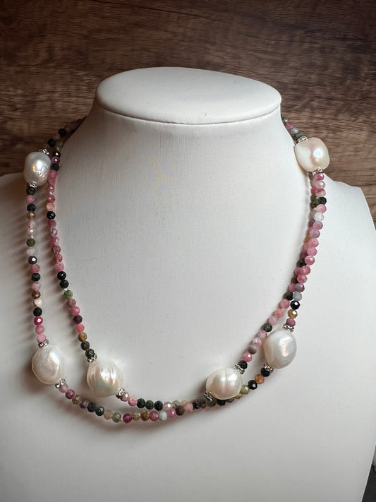 Lucas Lameth multi tourmaline and baroque pearl 32 inch necklace