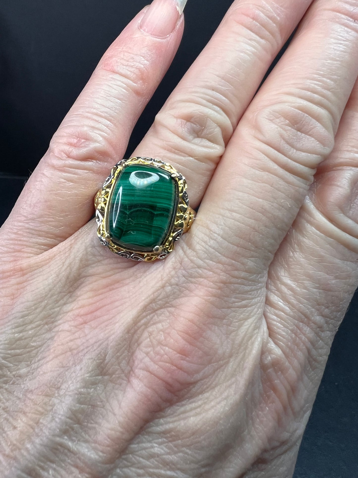 Karis Platinum & 18K Gold Plated Malachite Statement Ring Size 7