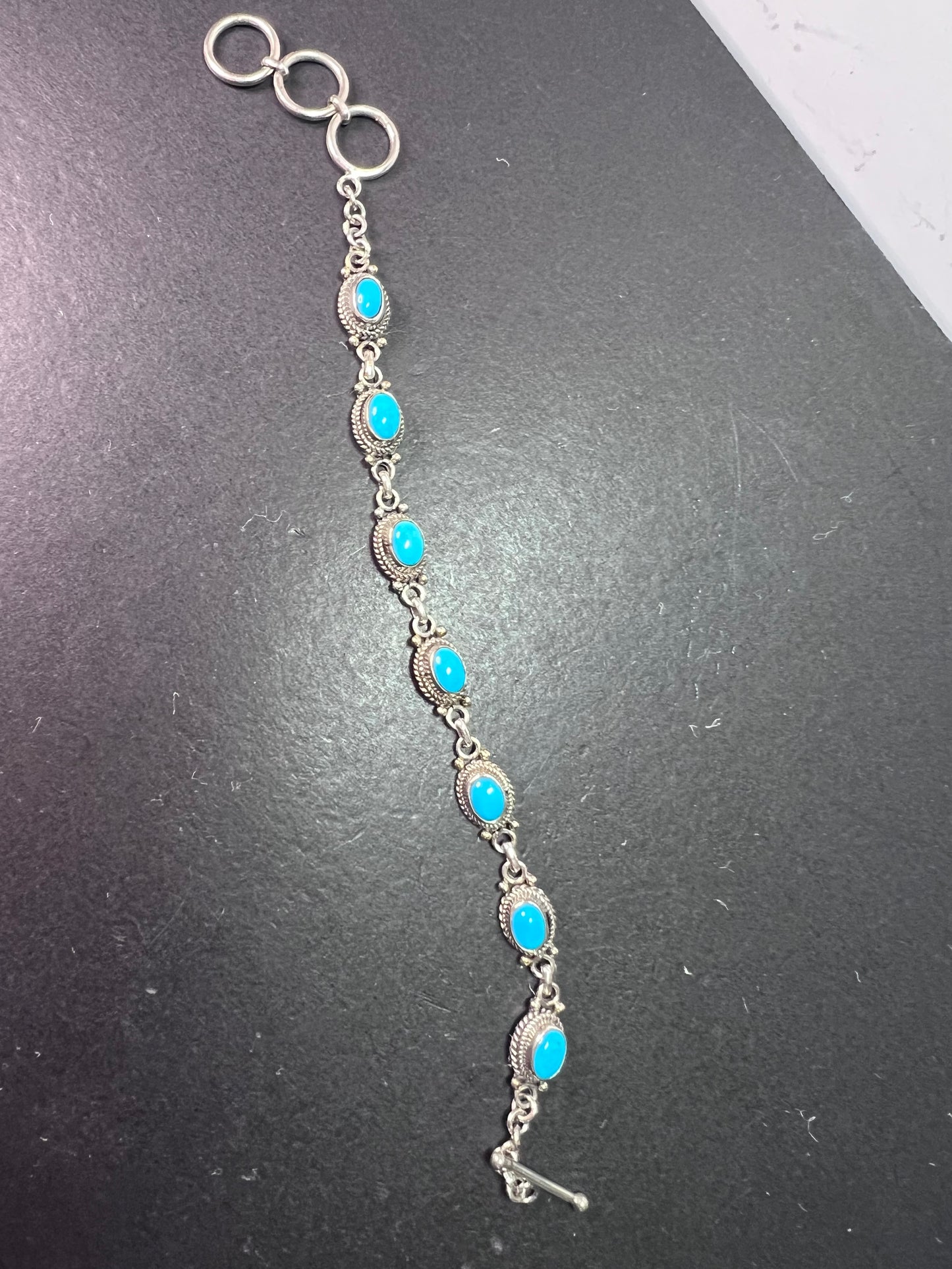 Turquoise and sterling silver link bracelet with toggle clasp