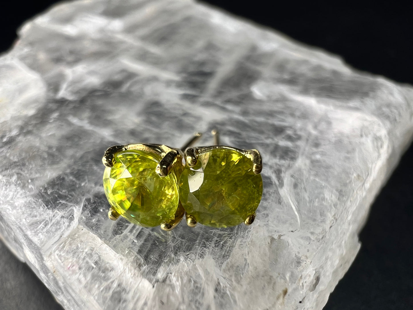 Rare Sphene Titanite Stud Earrings in 14k Yellow Gold