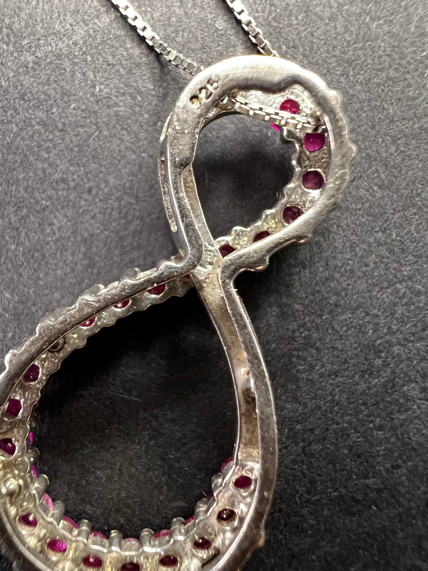 Vintage Ruby Infinity Pendant Necklace Sterling Silver 18” Chain
