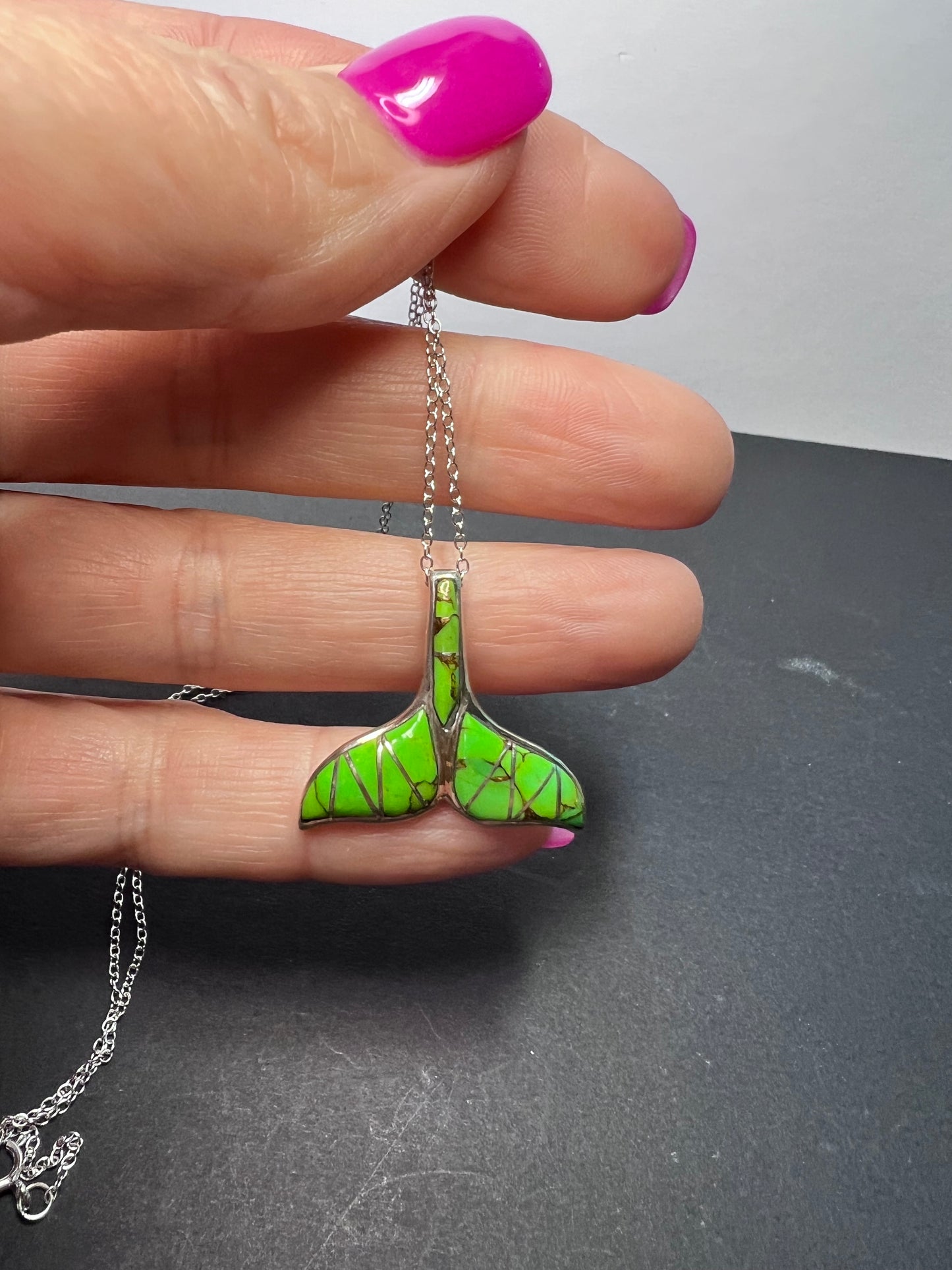 Green Mojave turquoise sterling silver whale tail pendant with 18 inch chain necklace