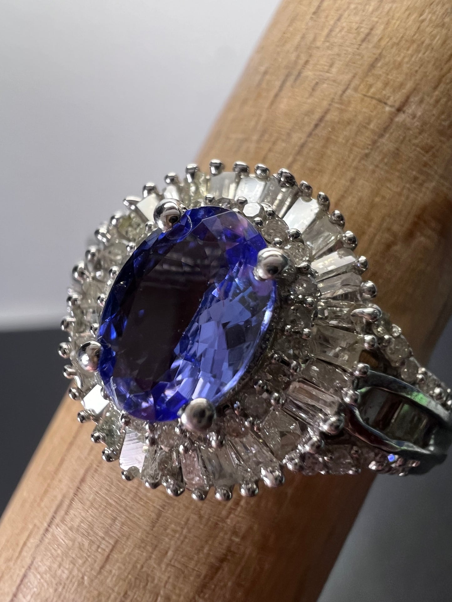 AAA Tanzanite and Diamond  Double Halo Ring in Platinum Over Sterling Silver, Oval Engagement Ring size 10