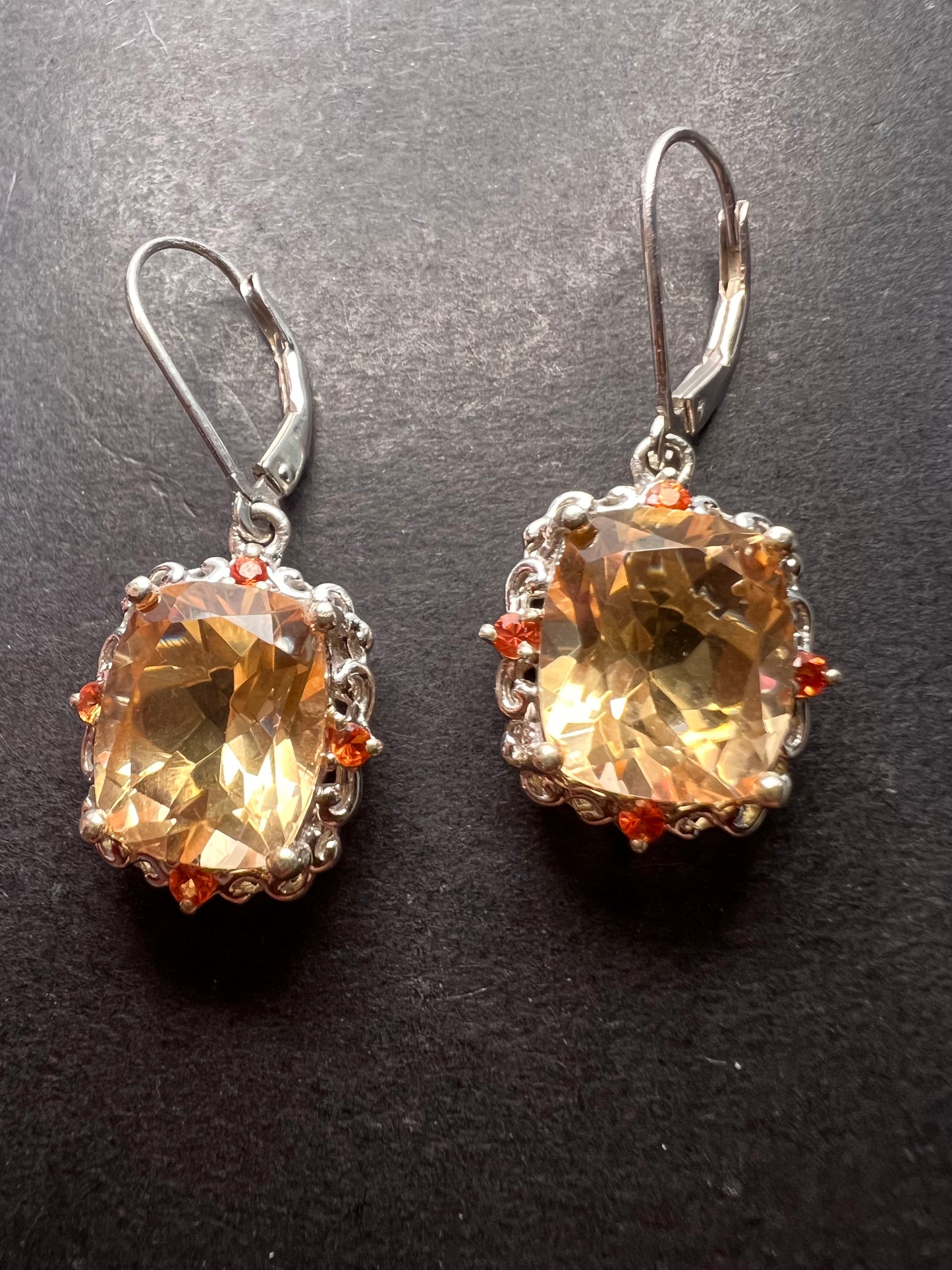 Morganite quartz and orange spinel sterling silver lever back earrings OOP