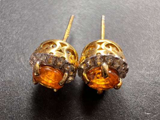 Round Orange Mexican Fire Opal 18k Yellow Gold Over Sterling Silver Halo Stud Earrings 1.01ctw