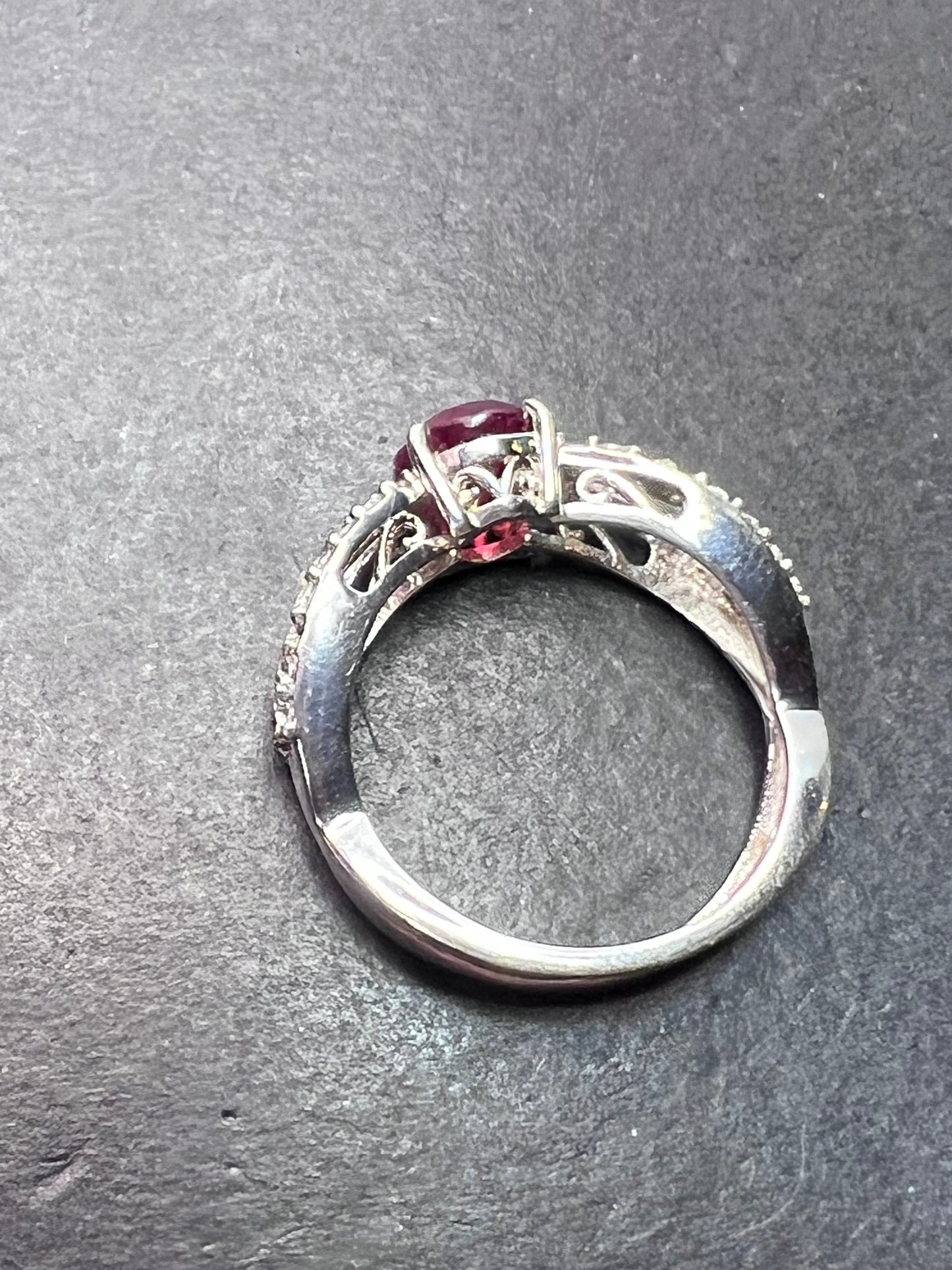 Ruby and zircon crisscross sterling silver ring size 9