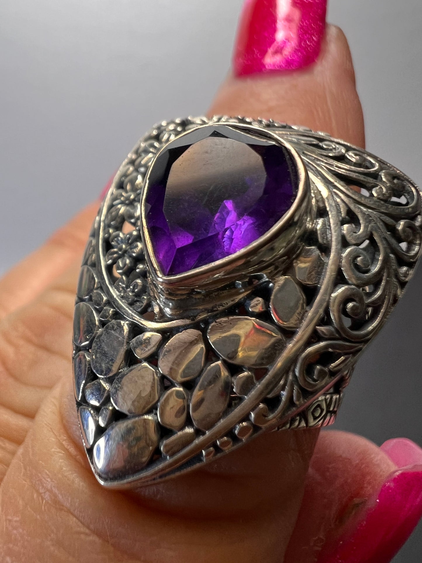 African amethyst planchette teardrop style sterling silver floral ring size 9