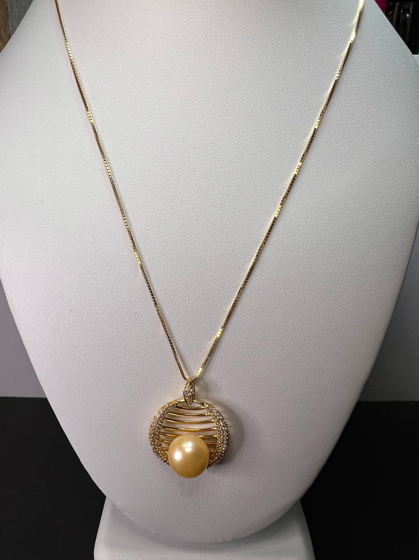 Golden yellow cultured pearl pendant in gold over sterling silver with chain