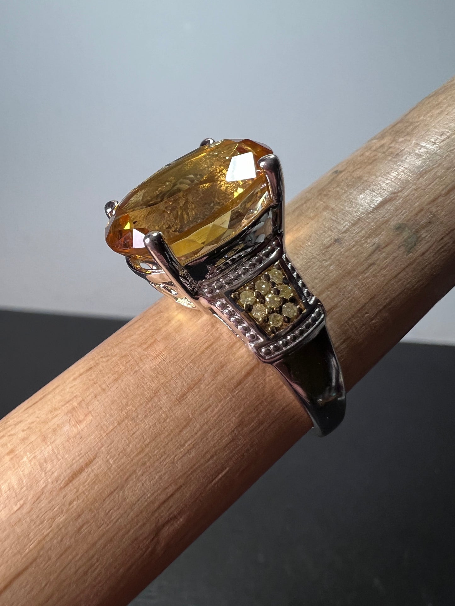 Citrine and yellow diamond ring in sterling silver size 10. 7.55 ctw